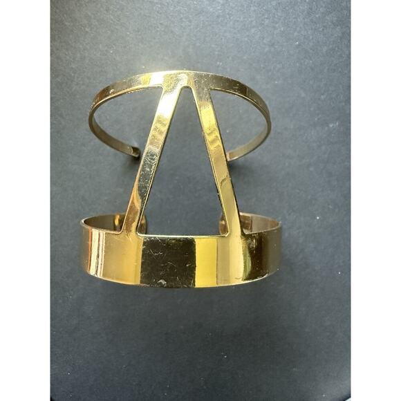 Gold Tone Cuff Bracelet Chunky Wide Bangle Geometric Egyptian Revival Modernist - Picture 2 of 6